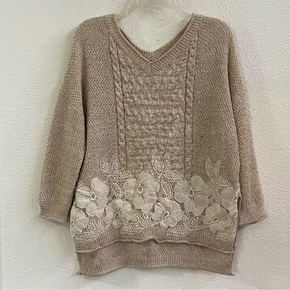 Umgee tan white flower appliqué lace sweater